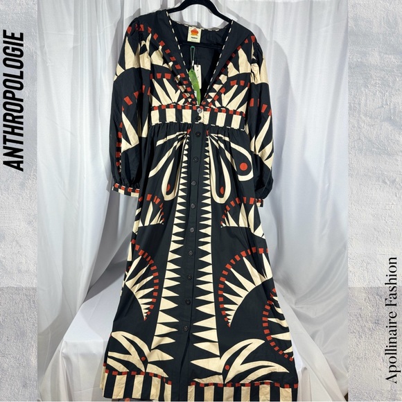 FARM RIO COCONUT GROVE MAXI DRESS WITH PUFF SLEEVES MEDIUM NWT BLACK COMBO - Picture 10 of 11